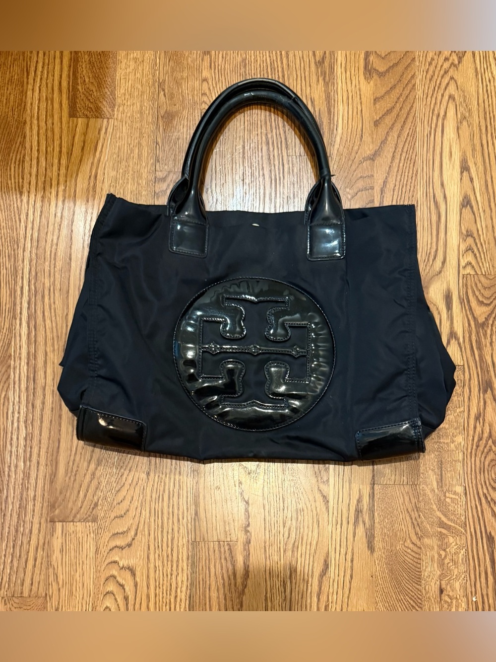 Tory Burch Black Nylon Tote with Patent Logo